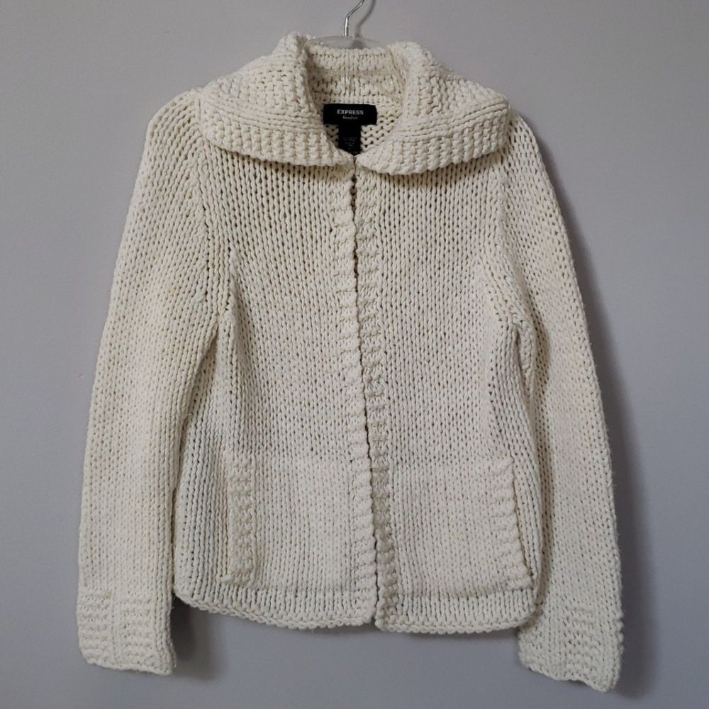 Express Handknit Sweater Womens S Chunky Cream Cardigan Cozy Cabincore Office